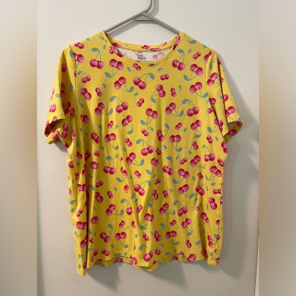 Sunshine Yellow Cherry Print Short Sleeve Kitschy Tee Sz XL Kim Rogers
